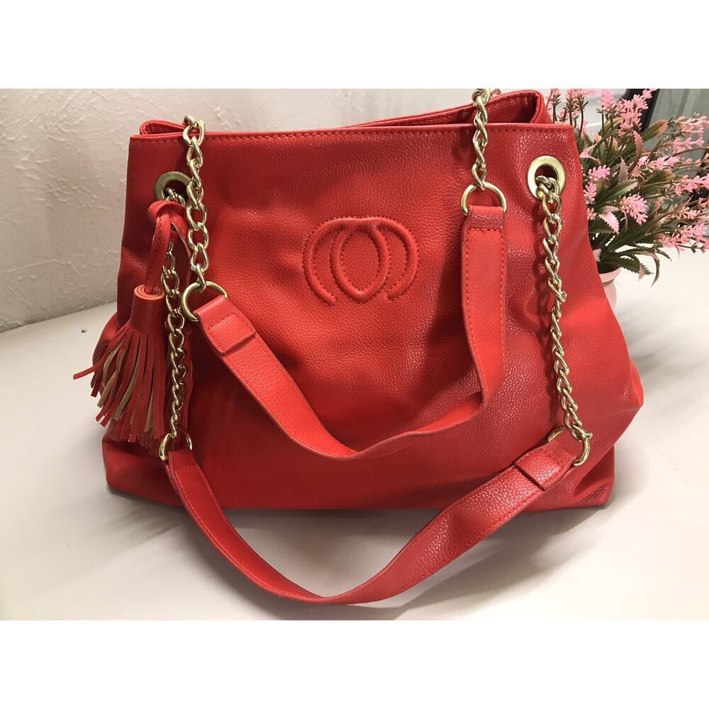 Unbranded Leather Satchel Shoulder Bag Cherry Chain Red Purse Handbag 15"x10"